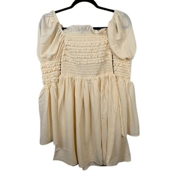 NEW! O.P.T. Luanne Dress Dark Cream Smocked Peasant Mini Dress Lined Size XS - Picture 5 of 11